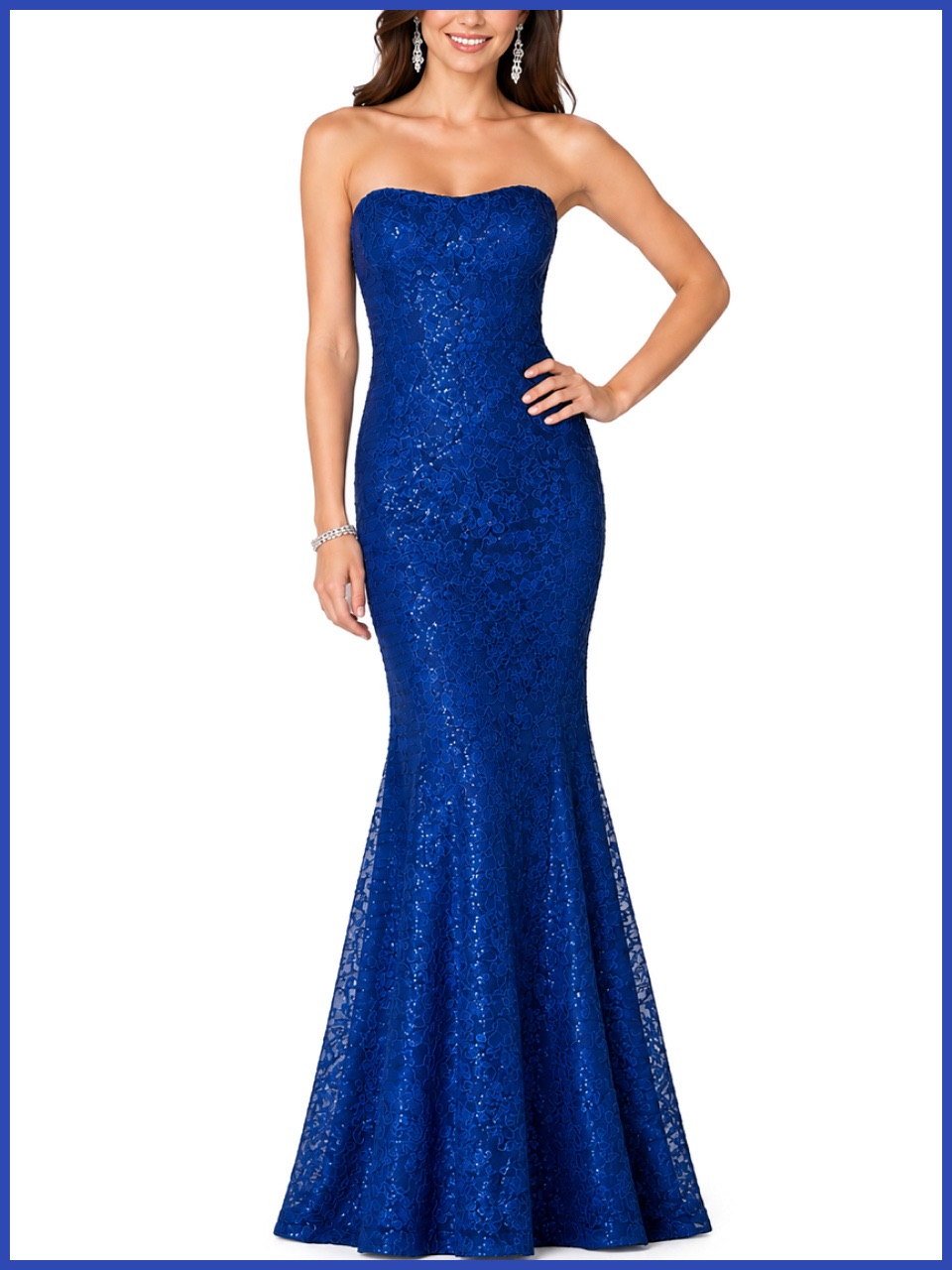 La Femme Navy Blue Floral Strapless Sequin Dress Gown